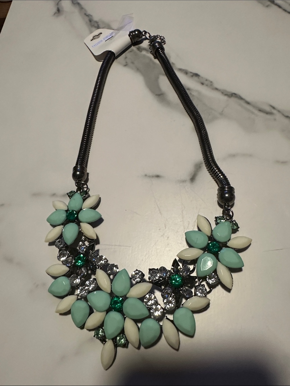 Statement Teal & White Floral Bib Necklace